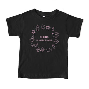 Anti-bullying black t-shirt with pink graphic showing the top 8 allergens with the phrase "Be kind. I'm allergic to bullying".