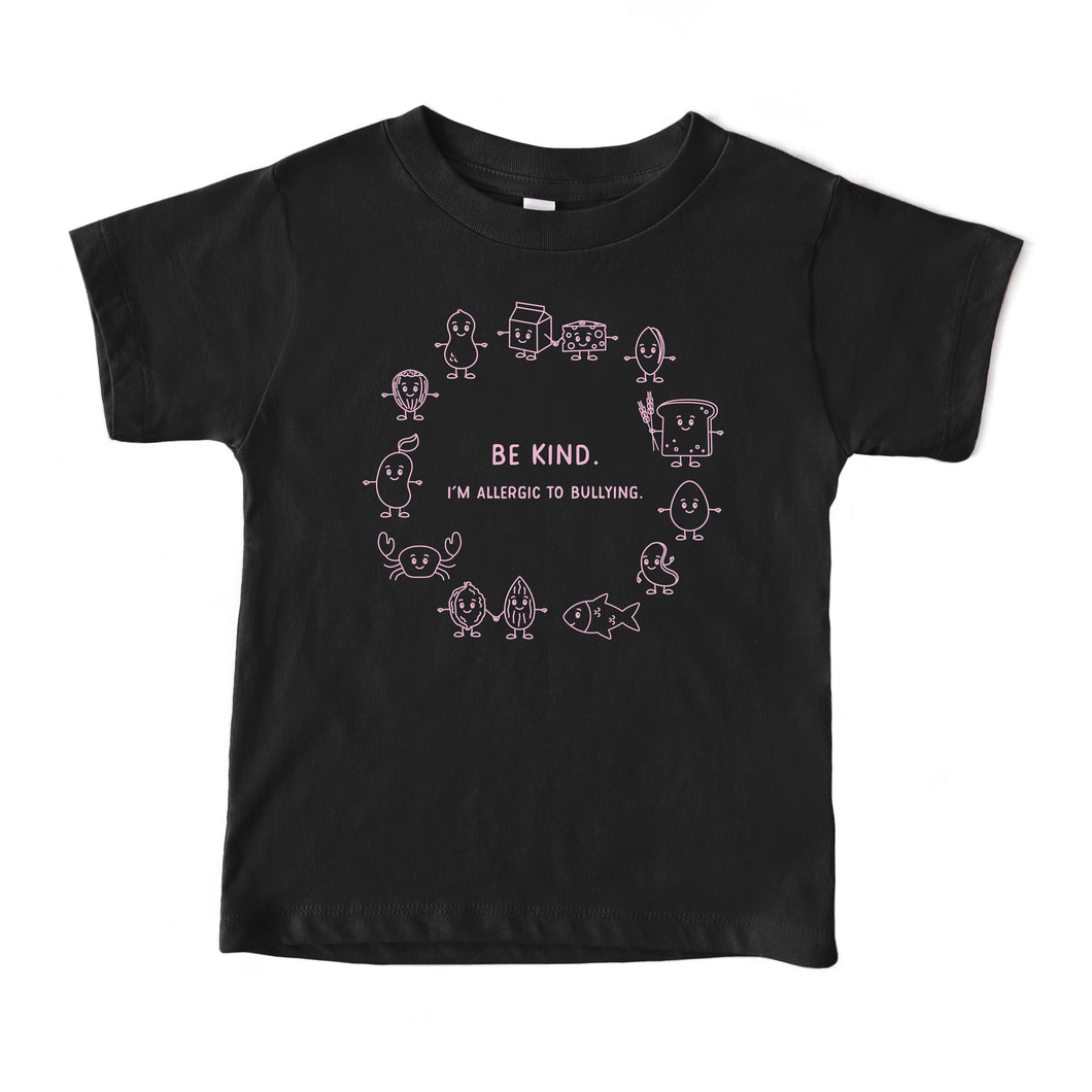 Anti-bullying black t-shirt with pink graphic showing the top 8 allergens with the phrase 